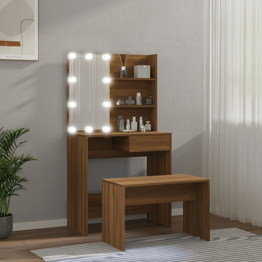 Kaptafelset met LED's bewerkt hout bruineiken 74.5 x 40 x 141 cm bruin eikenkleur