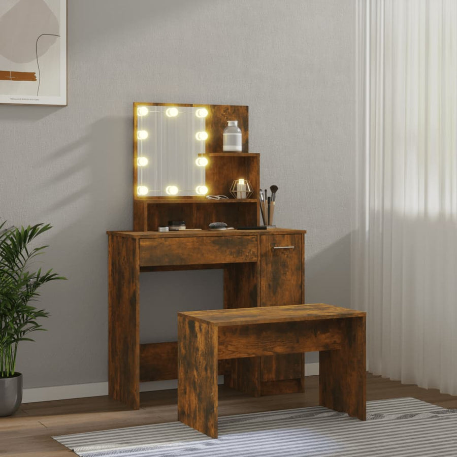 Kaptafelset met LED's bewerkt hout gerookt eiken 86.5 x 35 x 136 cm Gerookt eiken
