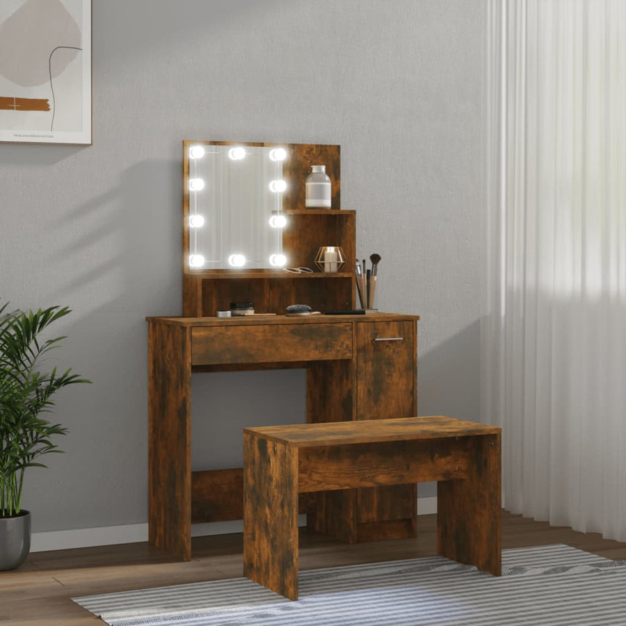 Kaptafelset met LED's bewerkt hout gerookt eiken 86.5 x 35 x 136 cm Gerookt eiken