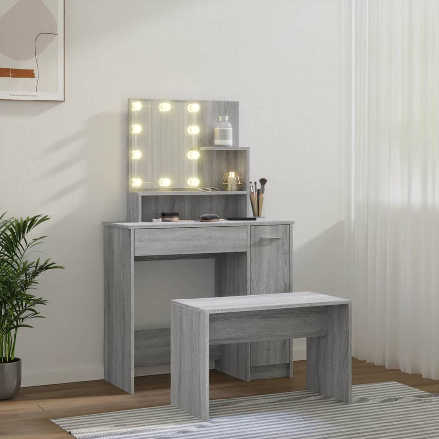 Kaptafelset met LED's bewerkt hout grijs sonoma 86.5 x 35 x 136 cm Grijs sonoma