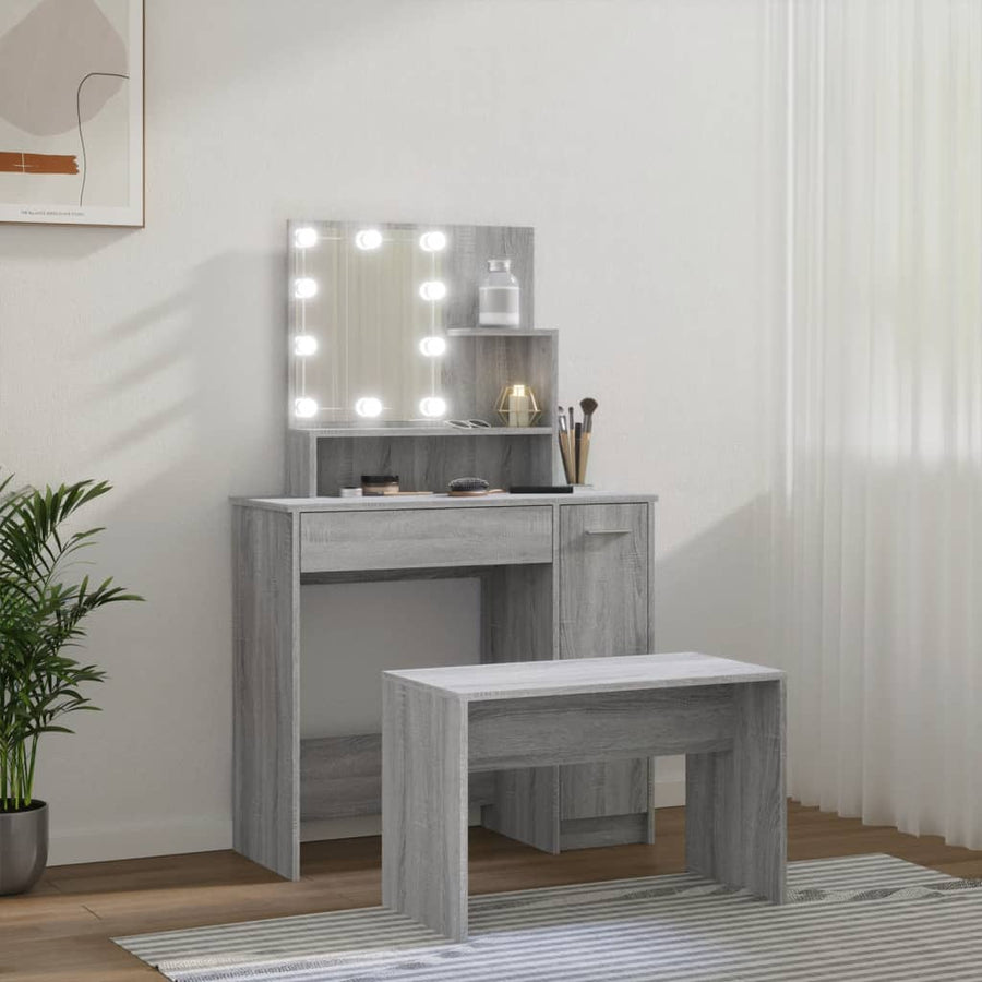 Kaptafelset met LED's bewerkt hout grijs sonoma 86.5 x 35 x 136 cm Grijs sonoma