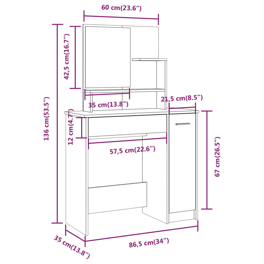 Kaptafelset 86,5X35X136 Cm Kleurig Sonoma eiken