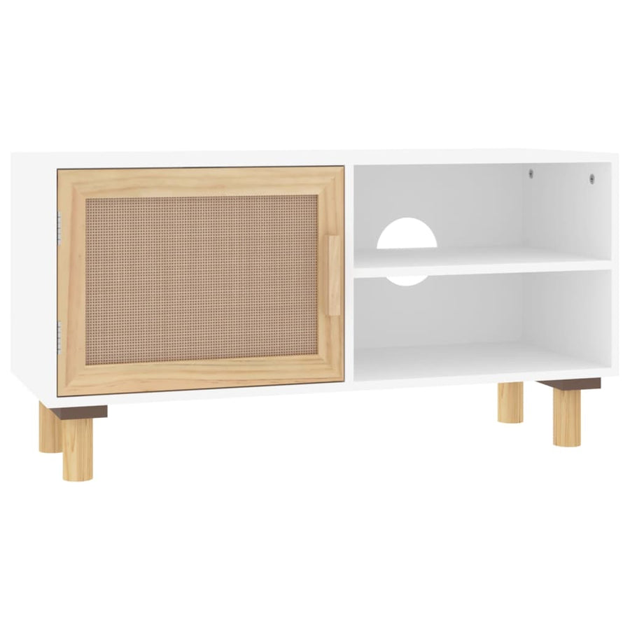 Tv-Meubel 80X30X40 Cm Massief Grenenhout En Rattan Wit