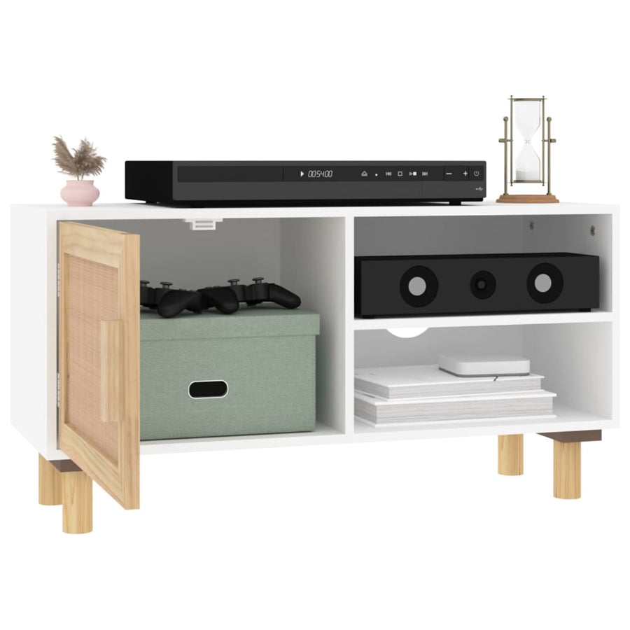 Tv-Meubel 80X30X40 Cm Massief Grenenhout En Rattan Wit