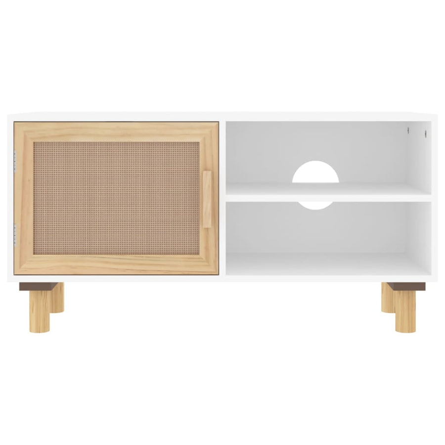 Tv-Meubel 80X30X40 Cm Massief Grenenhout En Rattan Wit