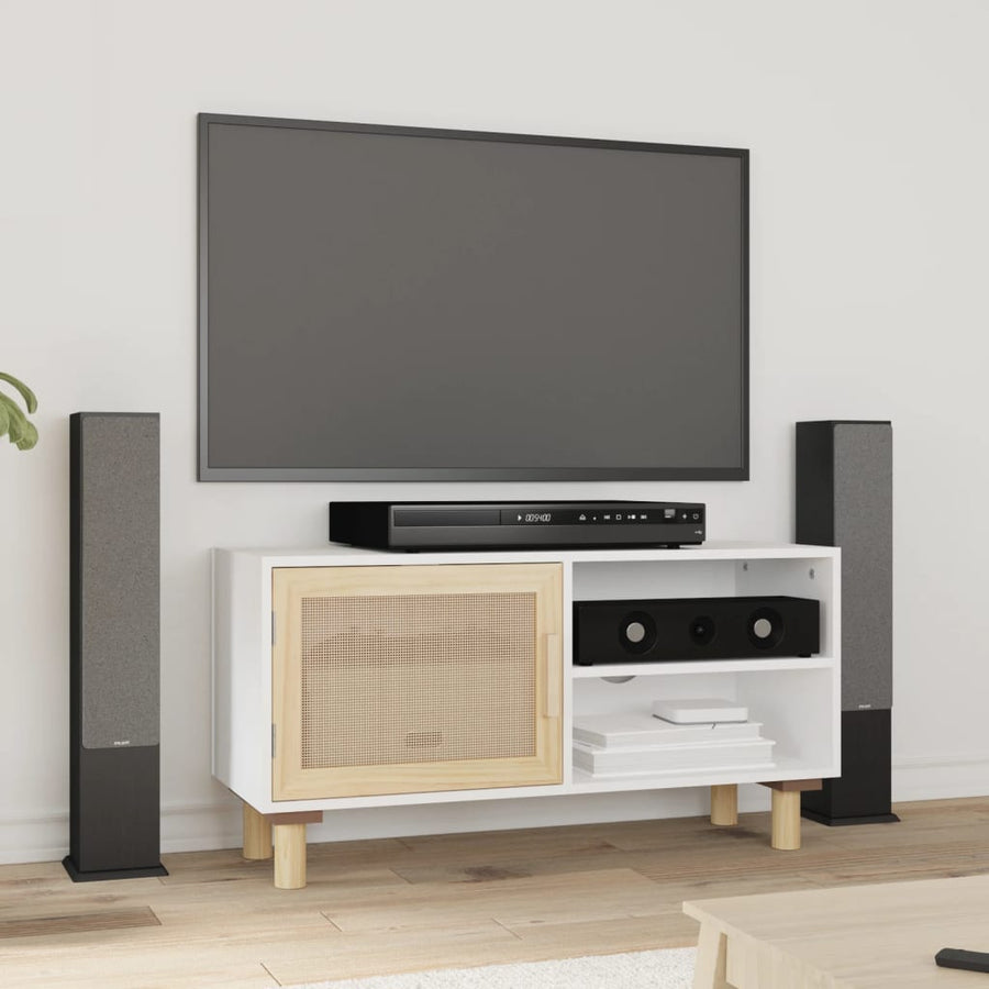 Tv-Meubel 80X30X40 Cm Massief Grenenhout En Rattan Wit