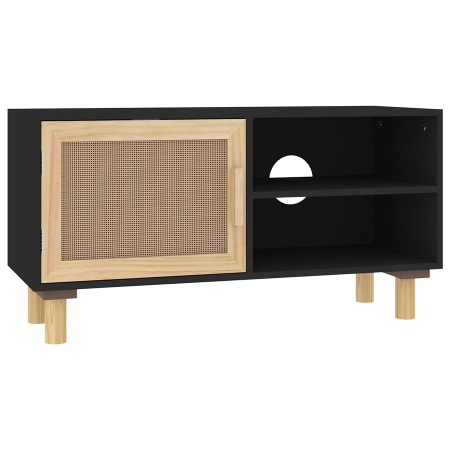 Tv-Meubel 80X30X40 Cm Massief Grenenhout En Rattan Zwart