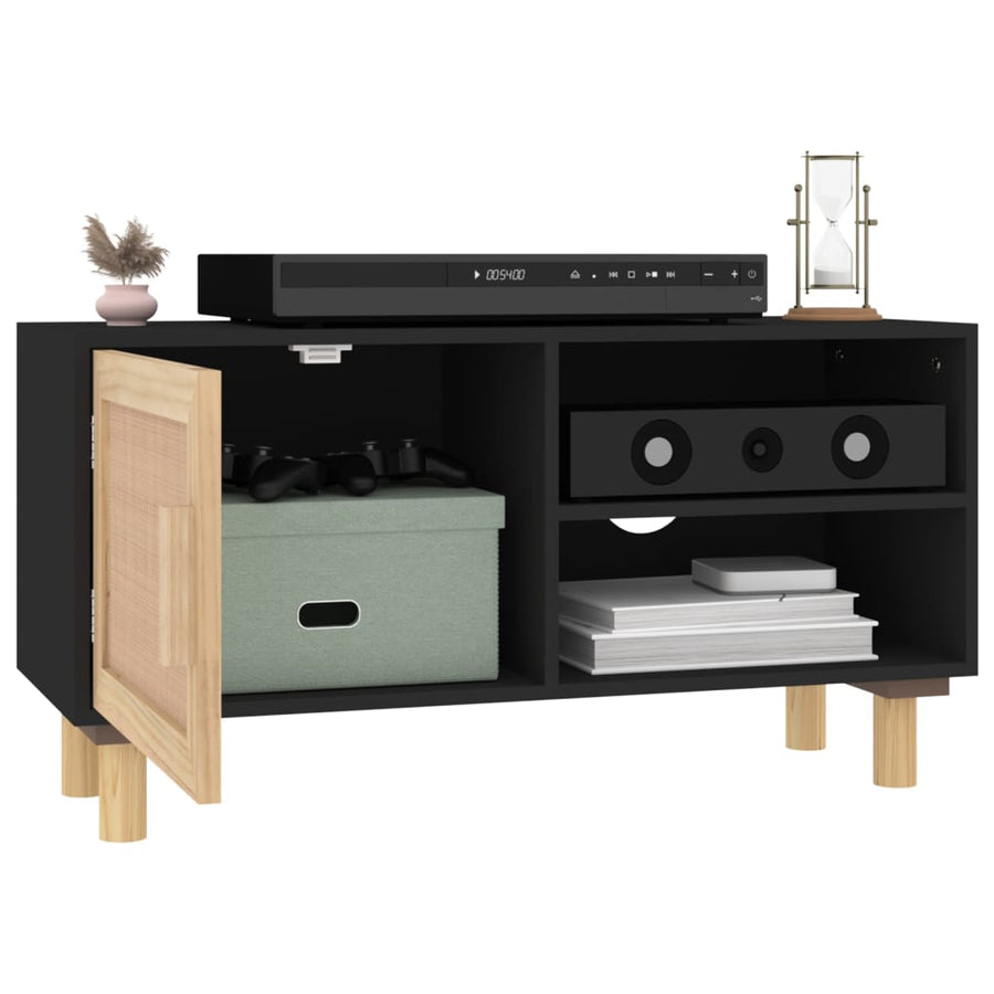 Tv-Meubel 80X30X40 Cm Massief Grenenhout En Rattan Zwart
