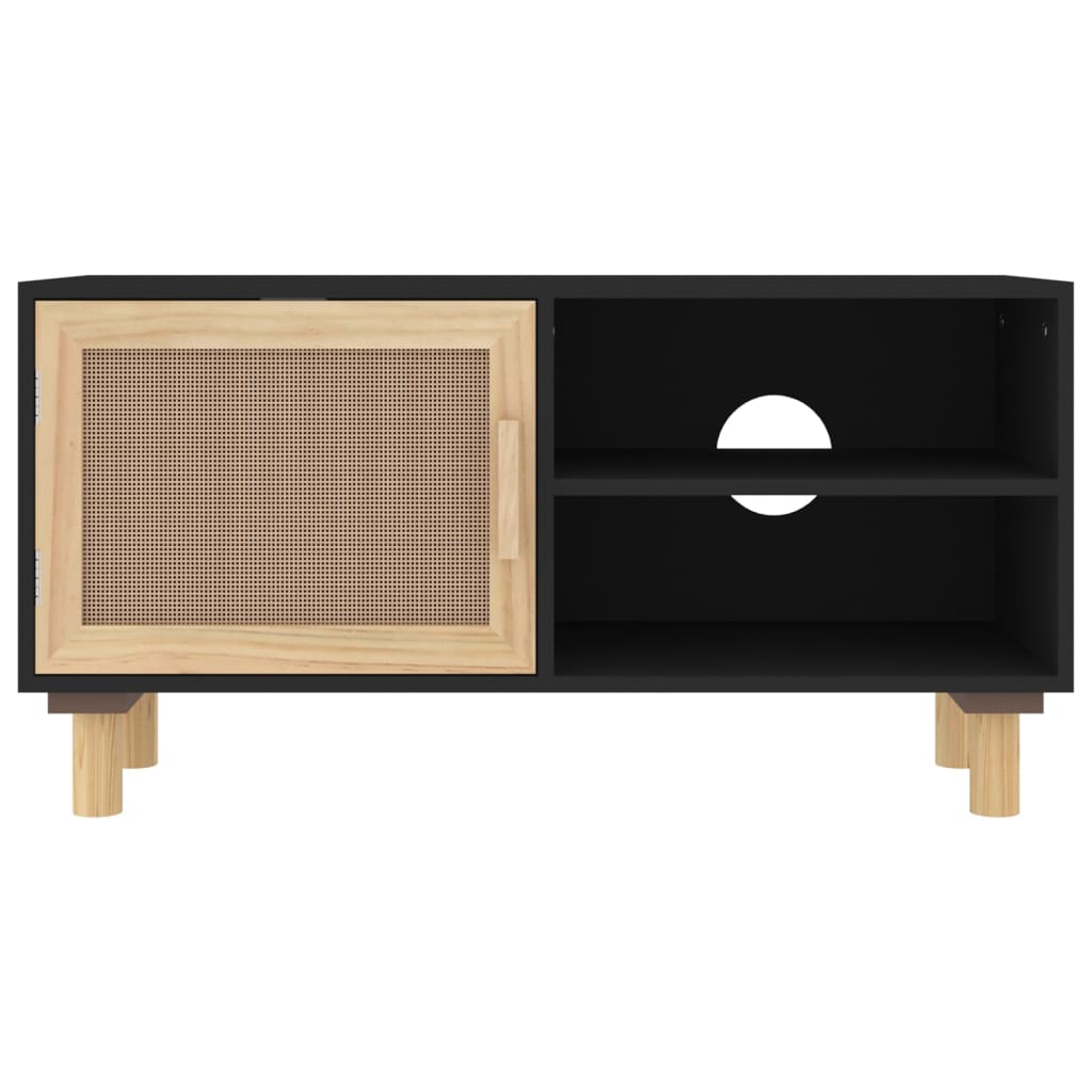 Tv-Meubel 80X30X40 Cm Massief Grenenhout En Rattan Zwart