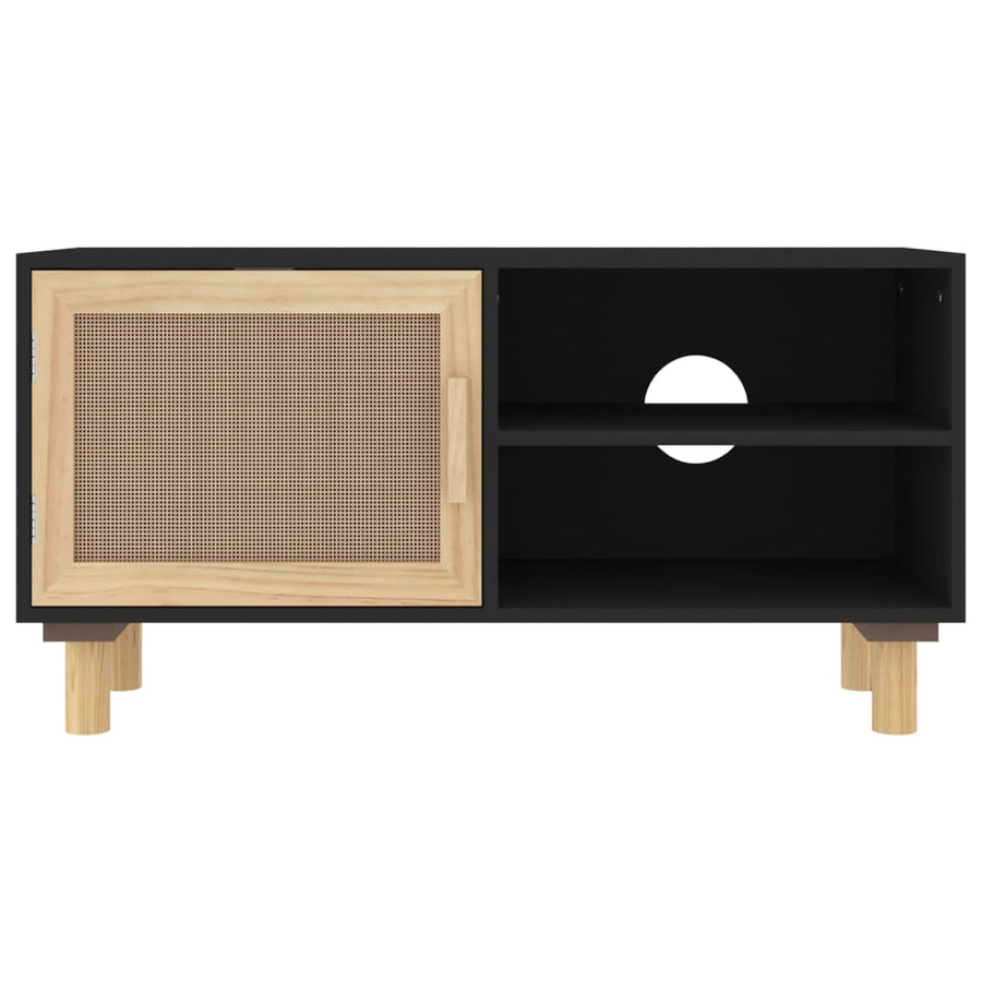 Tv-Meubel 80X30X40 Cm Massief Grenenhout En Rattan Zwart