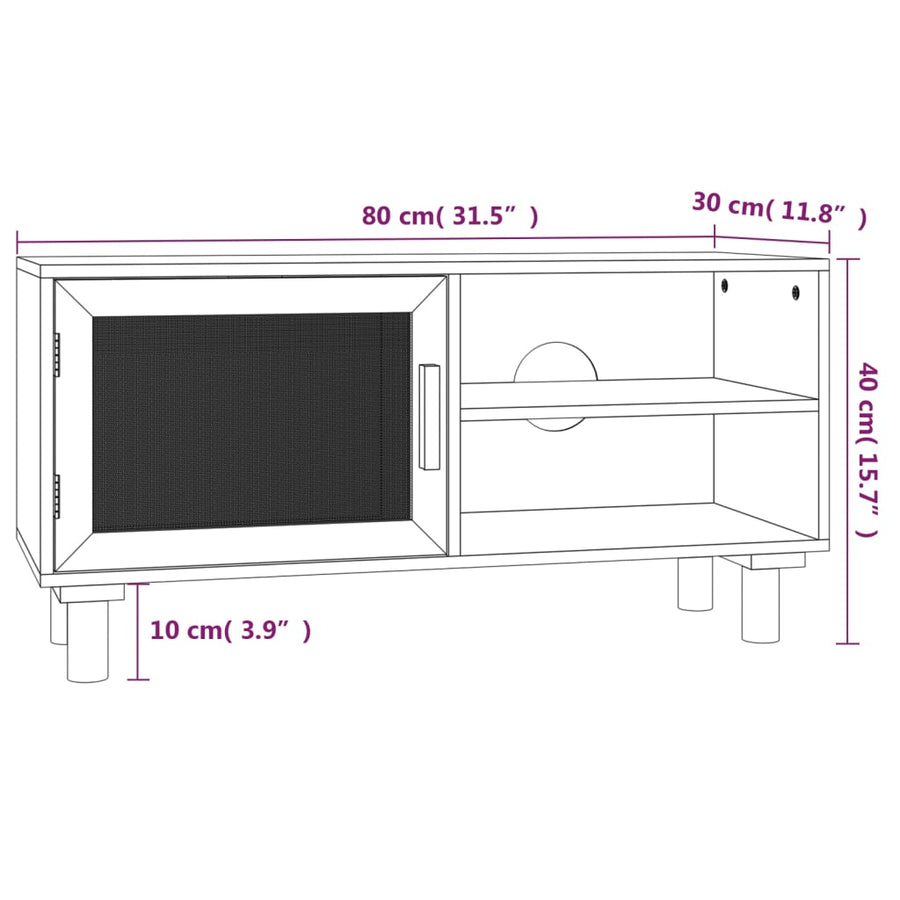 Tv-Meubel 80X30X40 Cm Massief Grenenhout En Rattan Zwart