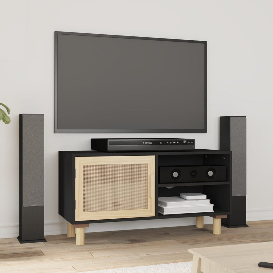 Tv-Meubel 80X30X40 Cm Massief Grenenhout En Rattan Zwart