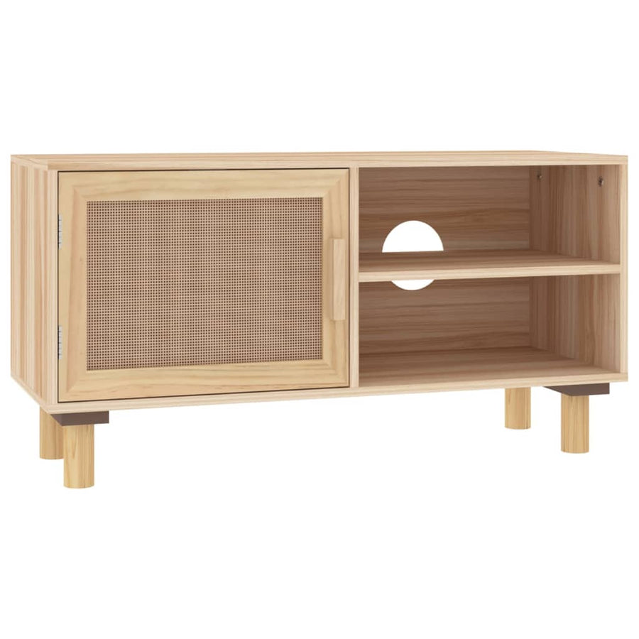 Tv-Meubel 80X30X40 Cm Massief Grenenhout En Rattan Bruin