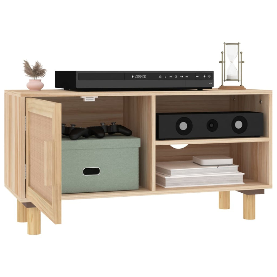 Tv-Meubel 80X30X40 Cm Massief Grenenhout En Rattan Bruin