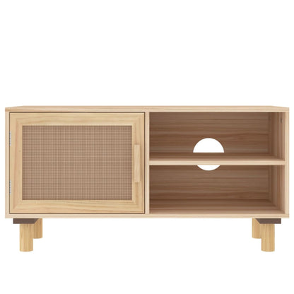 Tv-Meubel 80X30X40 Cm Massief Grenenhout En Rattan Bruin