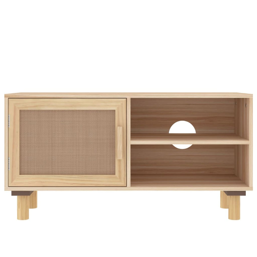 Tv-Meubel 80X30X40 Cm Massief Grenenhout En Rattan Bruin