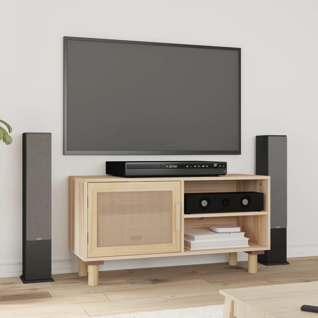 Tv-Meubel 80X30X40 Cm Massief Grenenhout En Rattan Bruin