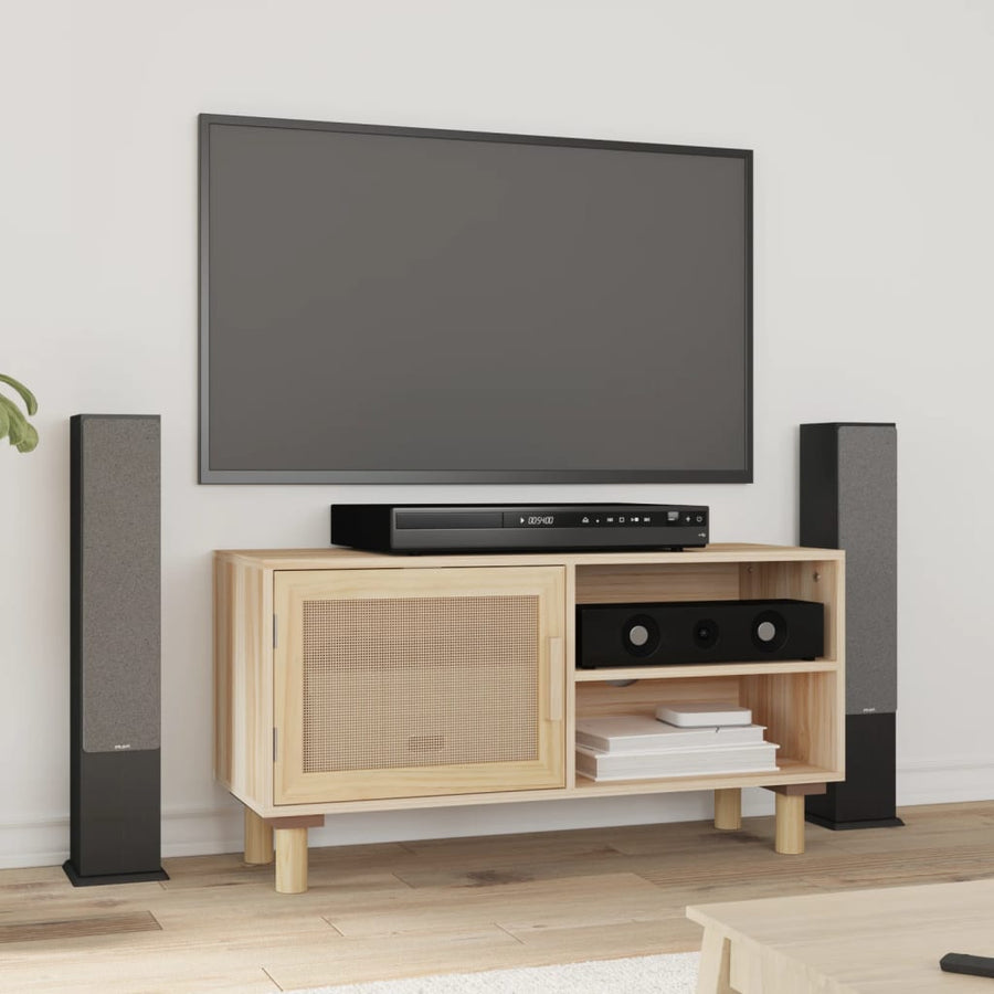 Tv-Meubel 80X30X40 Cm Massief Grenenhout En Rattan Bruin
