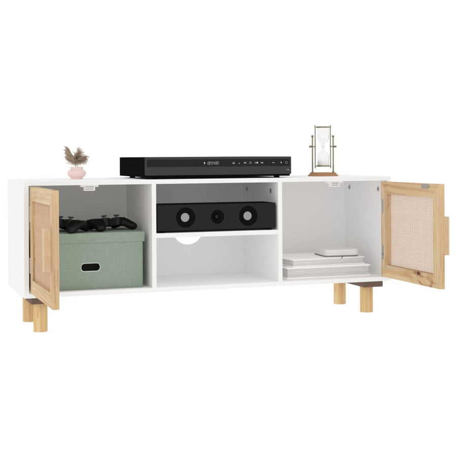 Tv-Meubel 05X30X40 Cm Massief Grenenhout En Rattan Wit