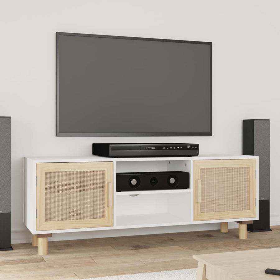 Tv-Meubel 05X30X40 Cm Massief Grenenhout En Rattan Wit