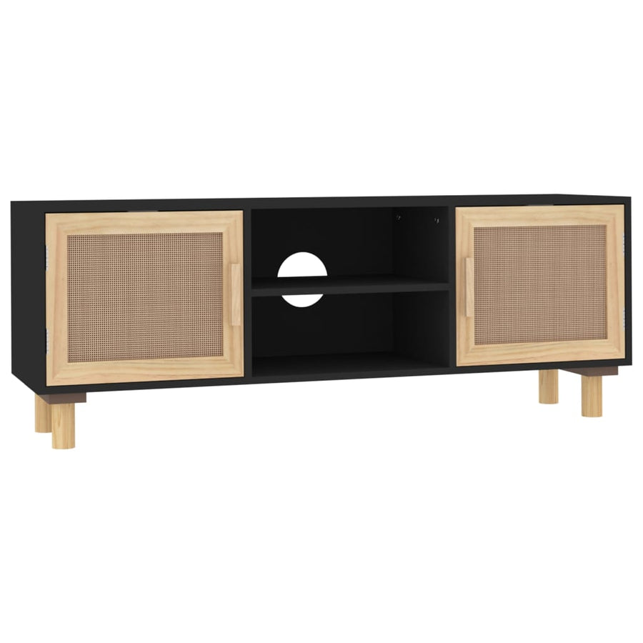 Tv-Meubel 05X30X40 Cm Massief Grenenhout En Rattan Zwart