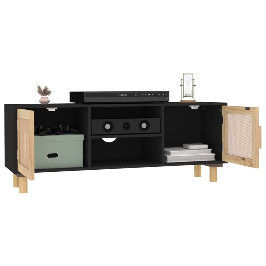 Tv-Meubel 05X30X40 Cm Massief Grenenhout En Rattan Zwart