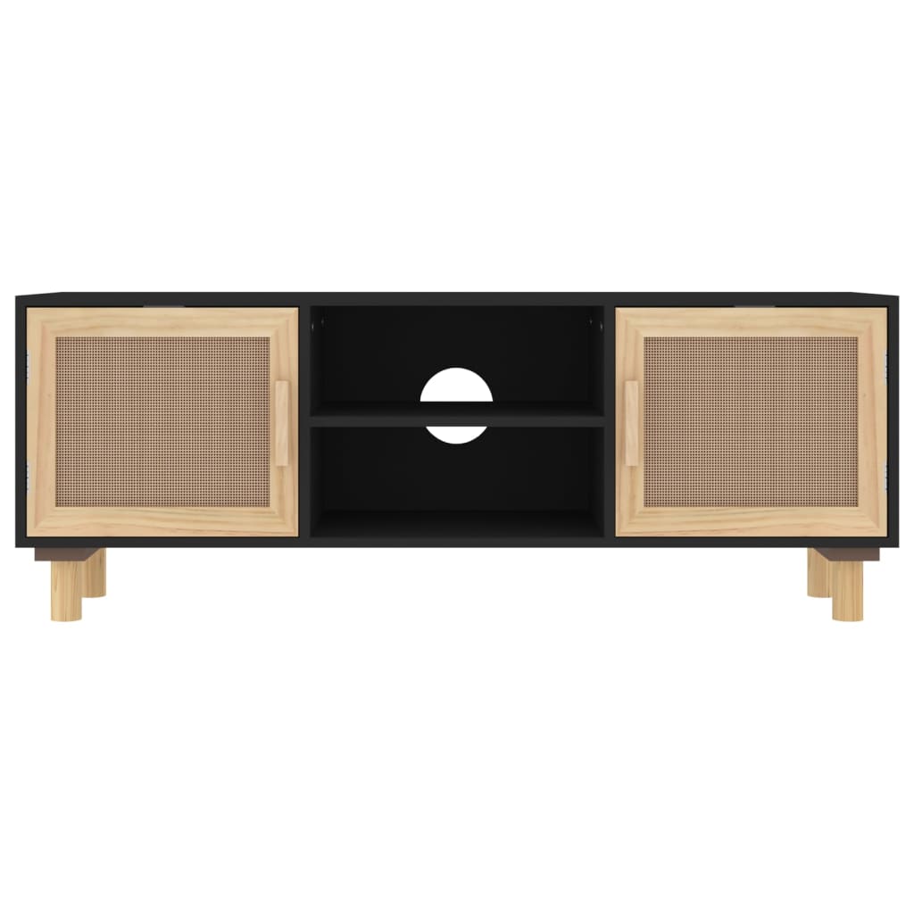 Tv-Meubel 05X30X40 Cm Massief Grenenhout En Rattan Zwart