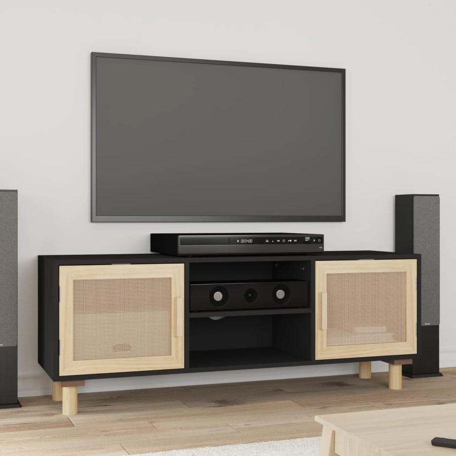 Tv-Meubel 05X30X40 Cm Massief Grenenhout En Rattan Zwart