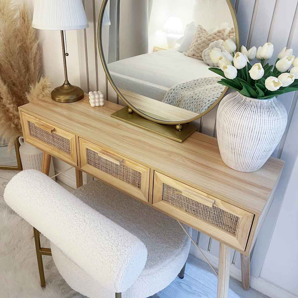 Wandtafel 105x30x75 cm massief grenenhout en natuurlijk rattan