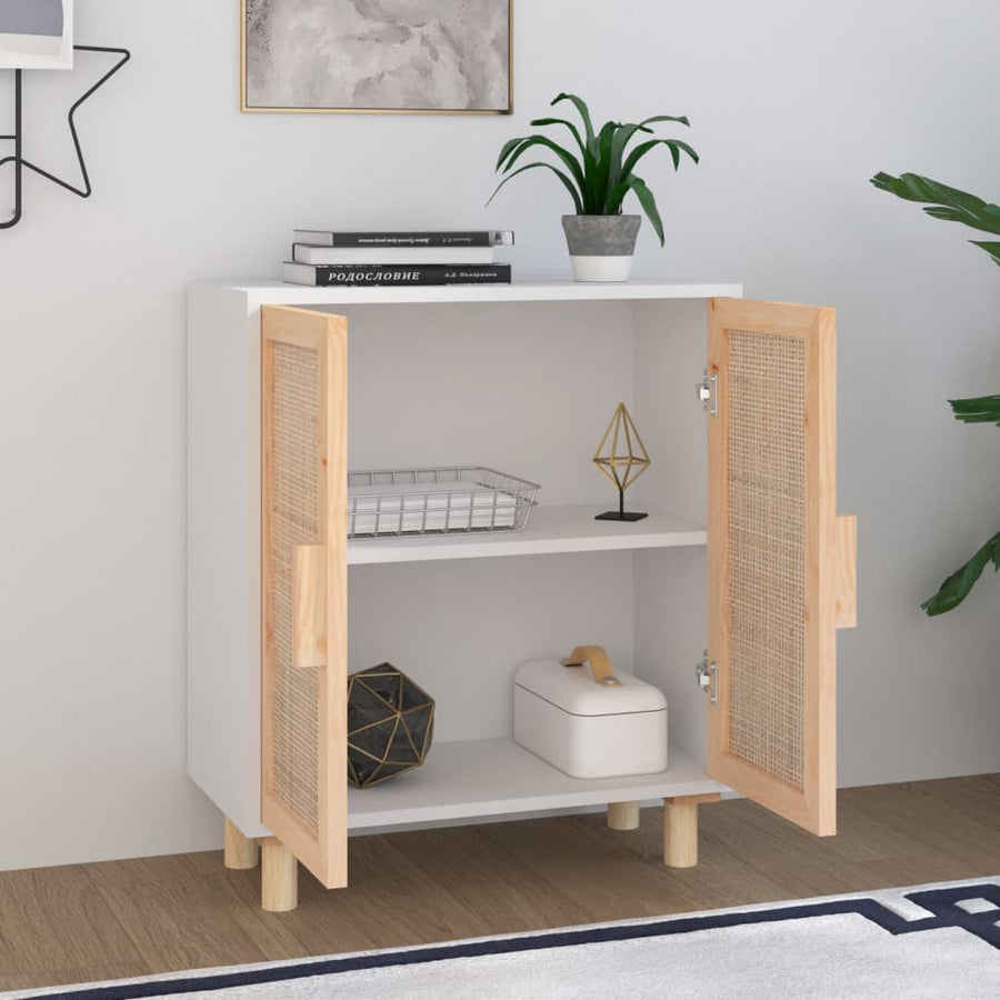 Dressoir 60X30X70 Cm Massief Grenenhout En Rattan Wit