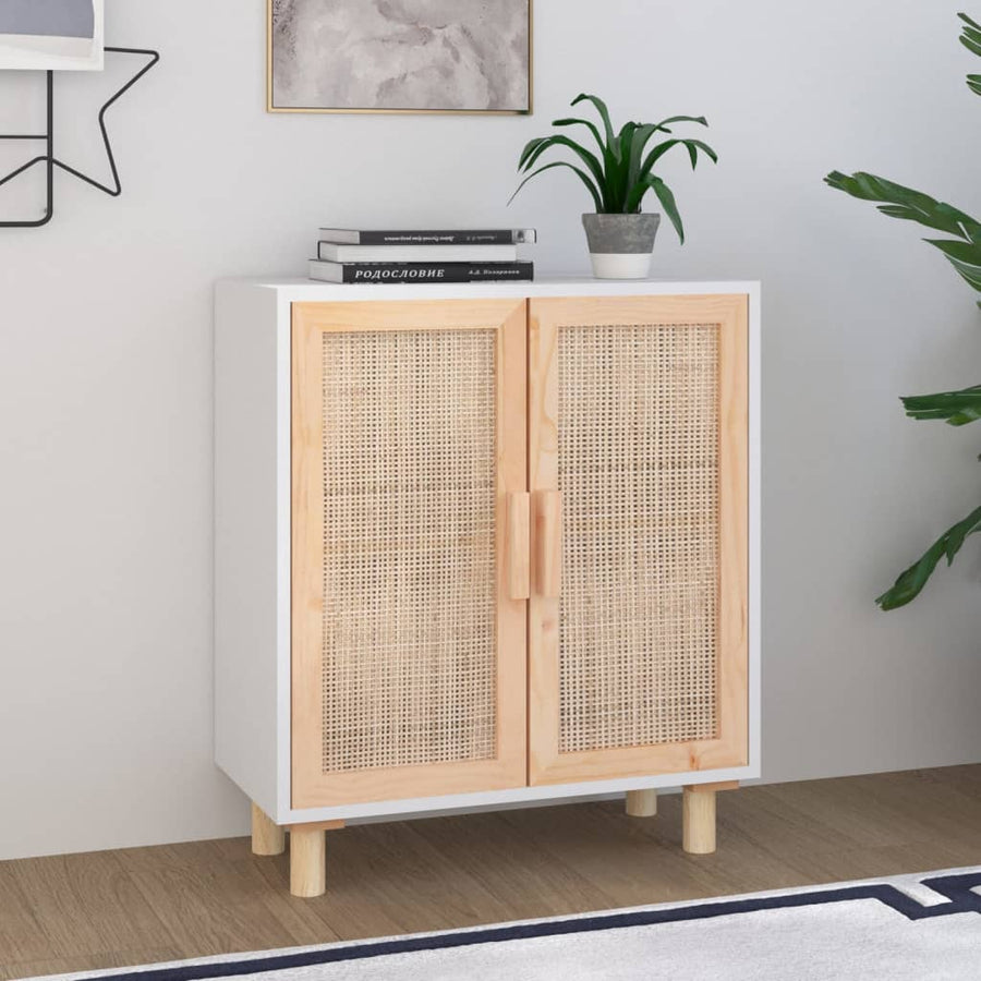 Dressoir 60X30X70 Cm Massief Grenenhout En Rattan Wit