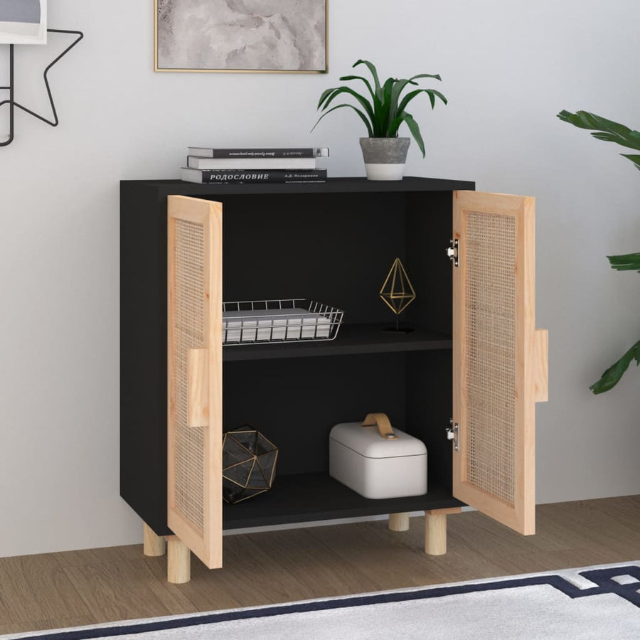 Dressoir 60X30X70 Cm Massief Grenen Hout En Rattan Zwart
