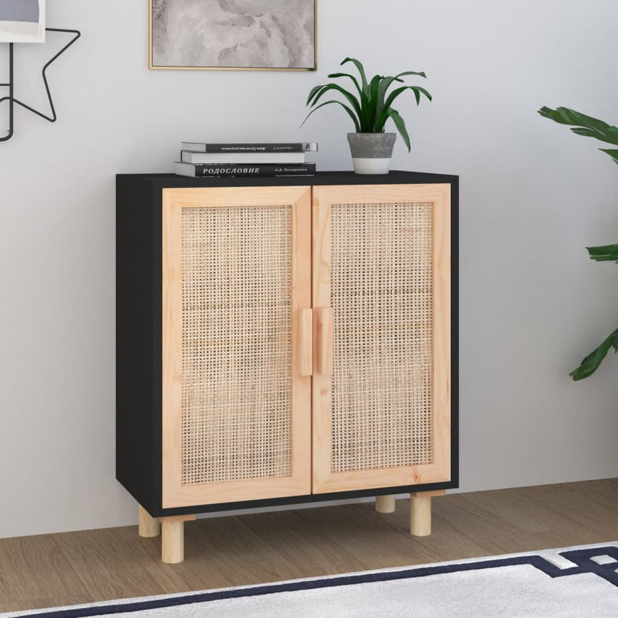 Dressoir 60X30X70 Cm Massief Grenen Hout En Rattan Zwart