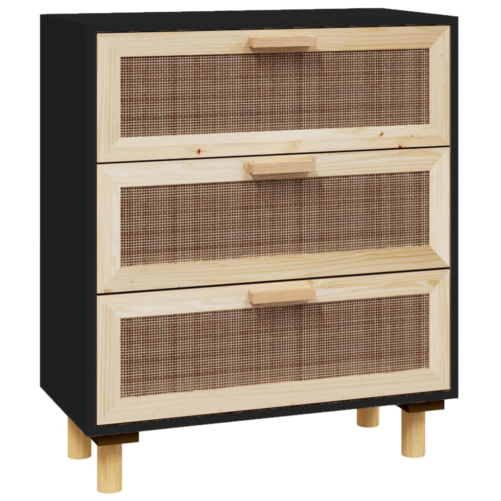 Dressoir 60X30X70 Cm Massief Grenen Hout En Rattan Zwart