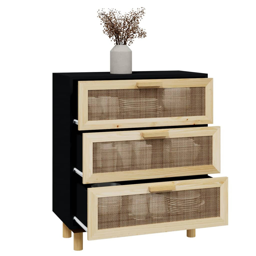 Dressoir 60X30X70 Cm Massief Grenen Hout En Rattan Zwart