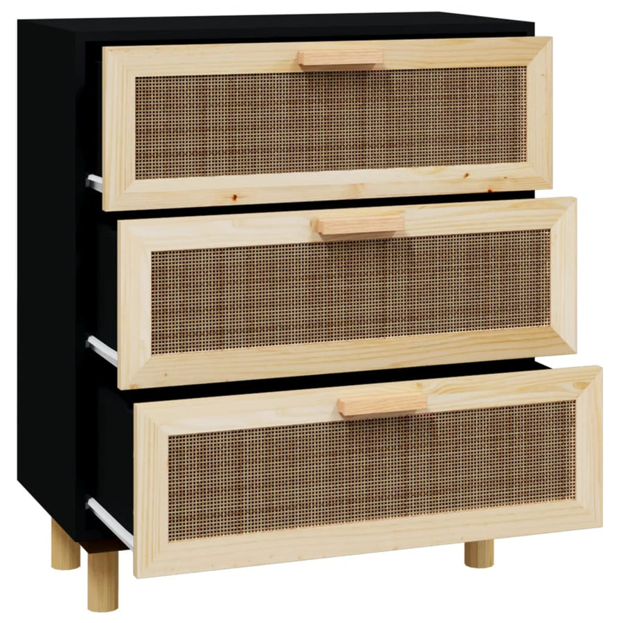 Dressoir 60X30X70 Cm Massief Grenen Hout En Rattan Zwart