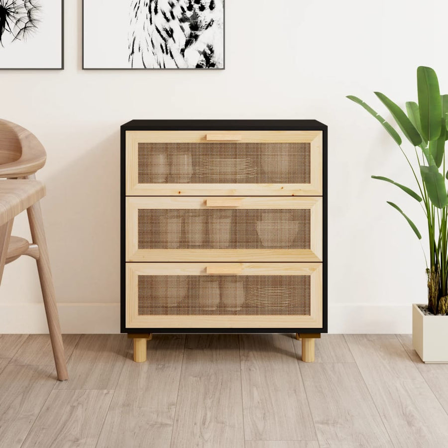Dressoir 60X30X70 Cm Massief Grenen Hout En Rattan Zwart