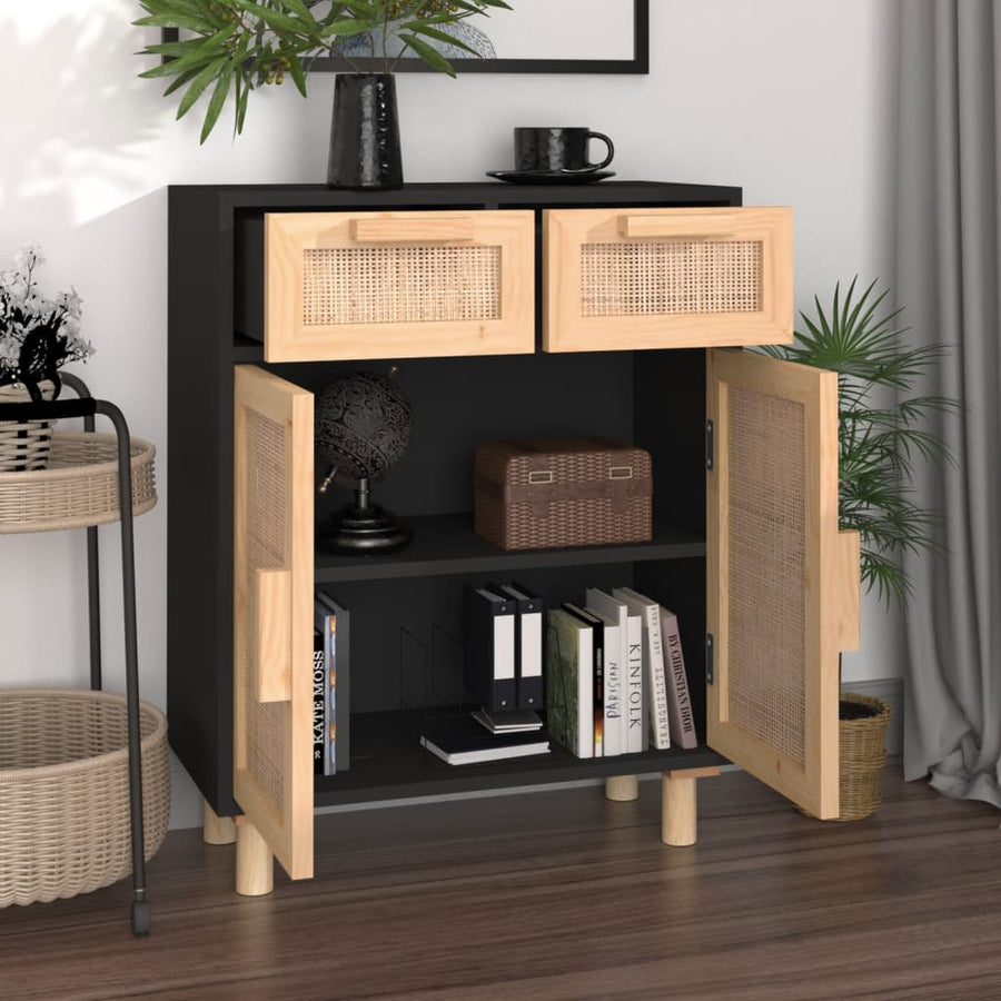 Dressoir 60X30X75 Cm Massief Grenen Hout En Rattan Zwart
