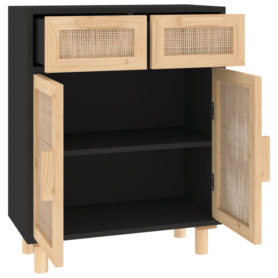 Dressoir 60X30X75 Cm Massief Grenen Hout En Rattan Zwart