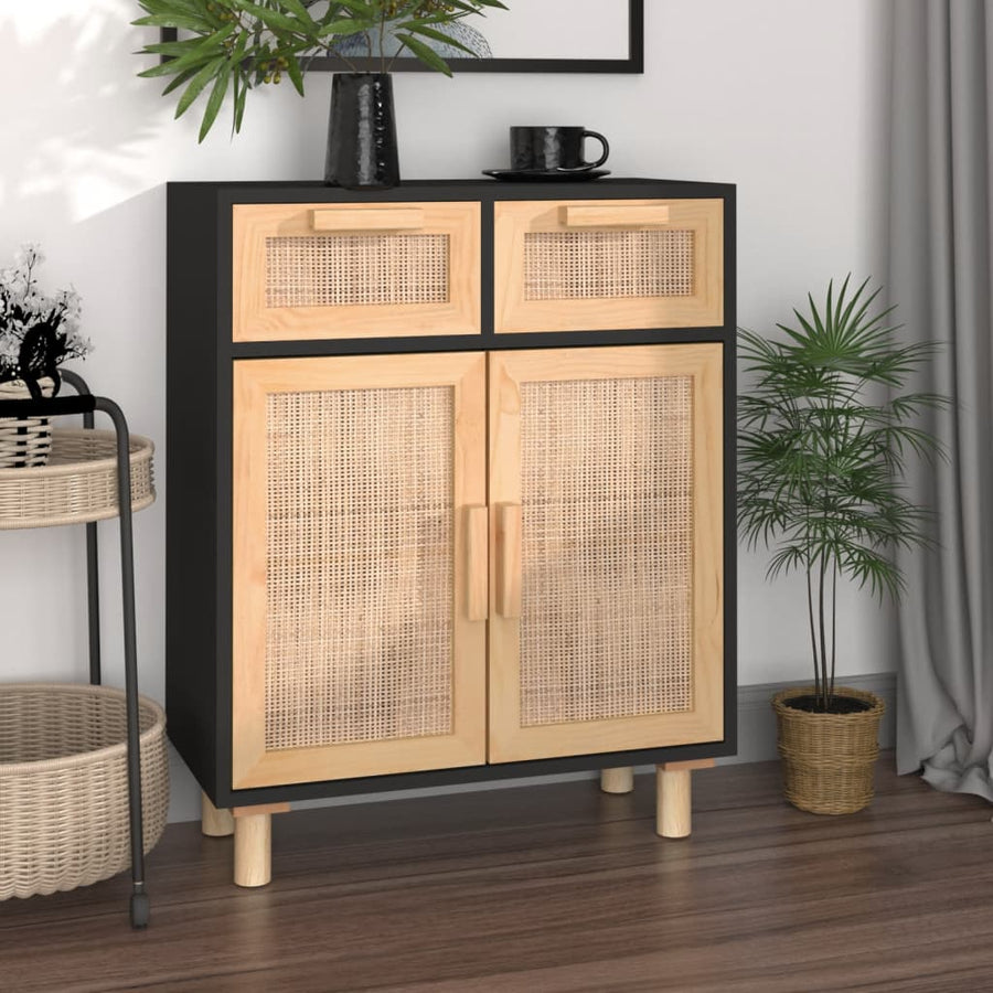 Dressoir 60X30X75 Cm Massief Grenen Hout En Rattan Zwart