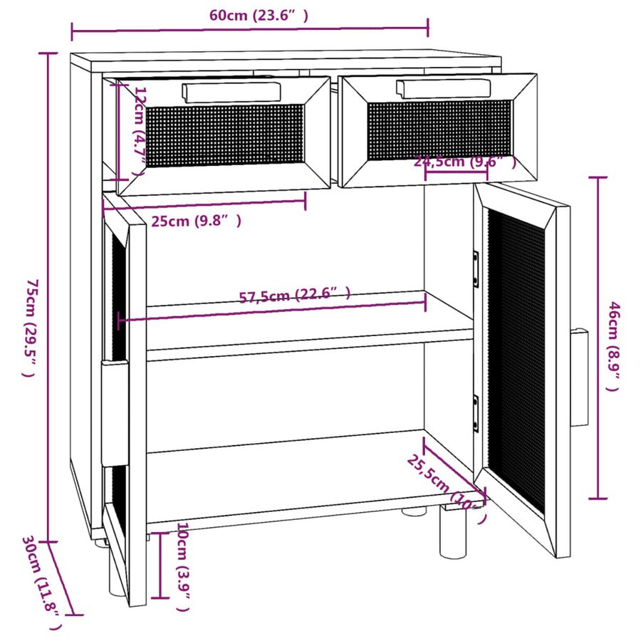 Dressoir 60X30X75 Cm Massief Grenenhout En Rattan Bruin