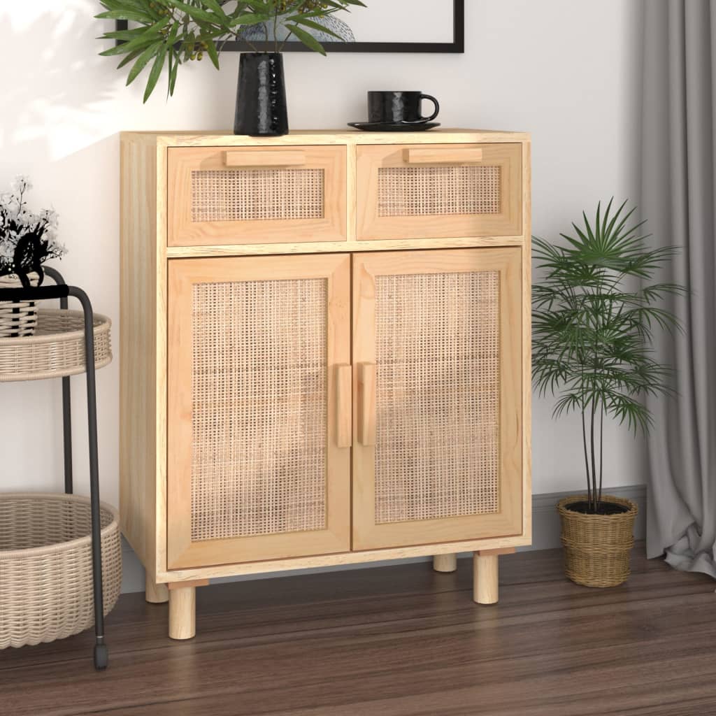 Dressoir 60X30X75 Cm Massief Grenenhout En Rattan Bruin
