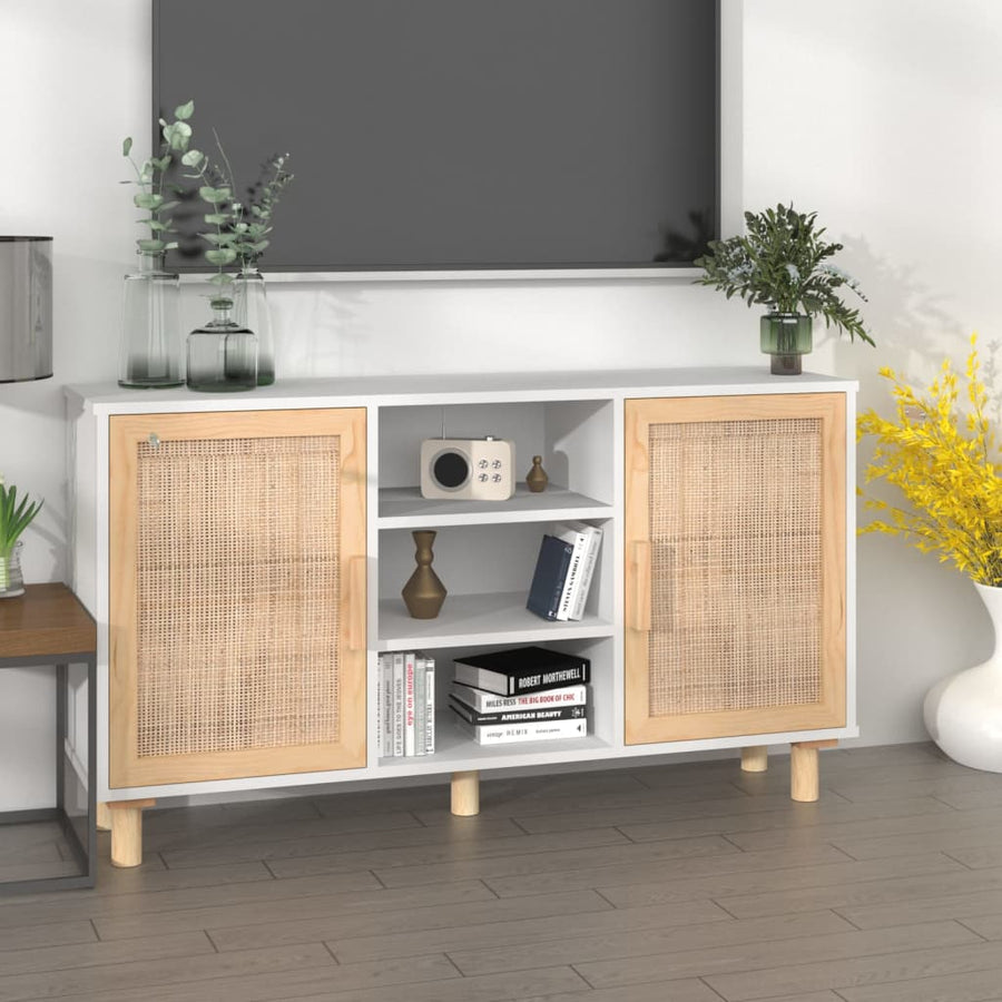Dressoir 105X30X60 Cm Massief Grenenhout En Rattan Wit
