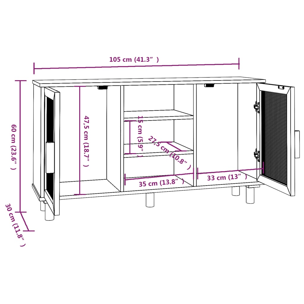 Dressoir 105x30x60 cm massief grenen hout en rattan zwart