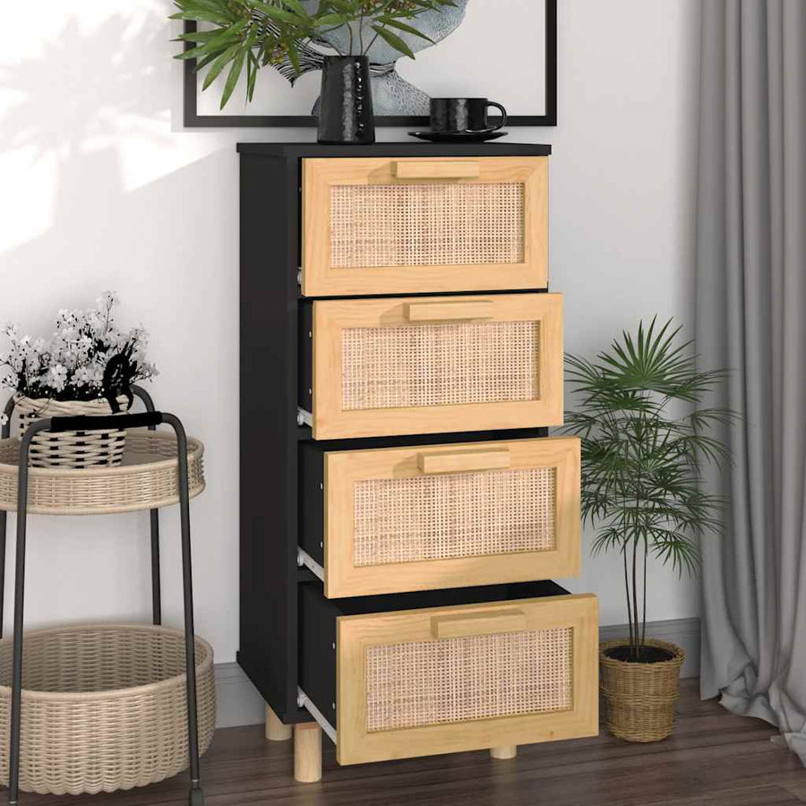 Dressoir 40X30X90 Cm Massief Grenen Hout En Rattan Zwart
