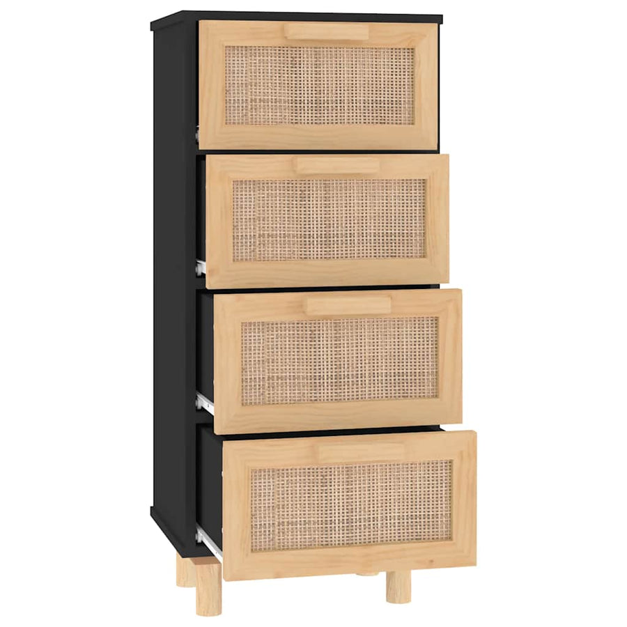 Dressoir 40X30X90 Cm Massief Grenen Hout En Rattan Zwart