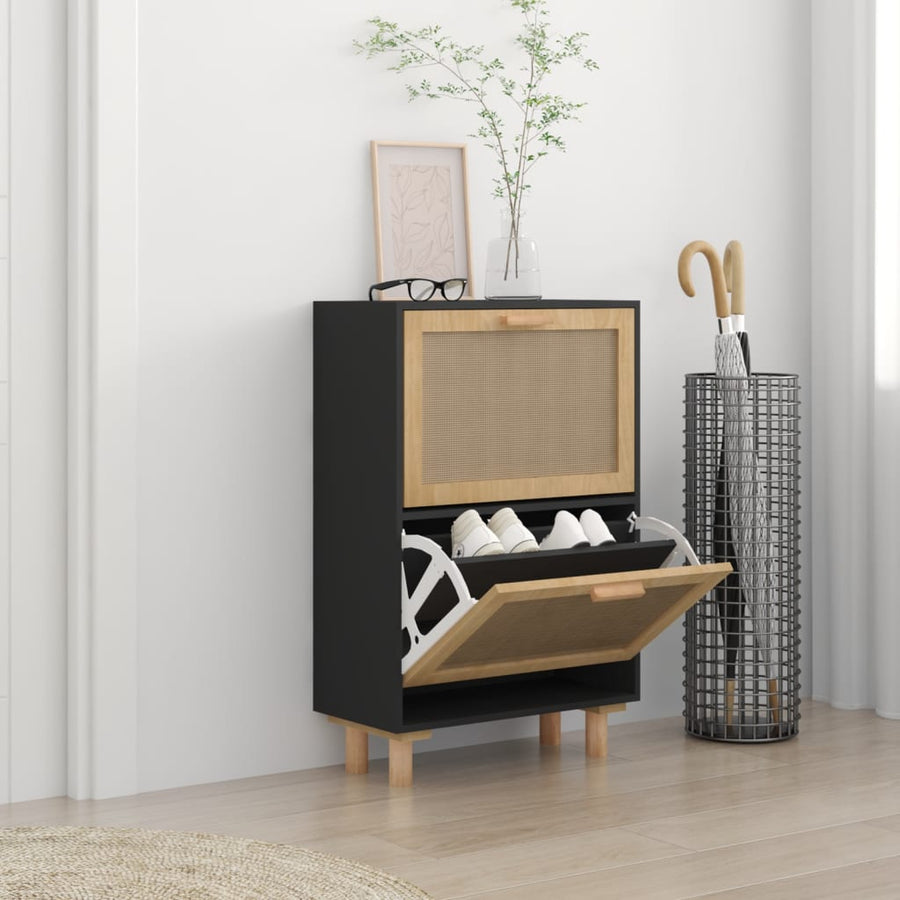 Schoenenkast 52X25X80 Cm Bewerkt Hout En Rattan Zwart