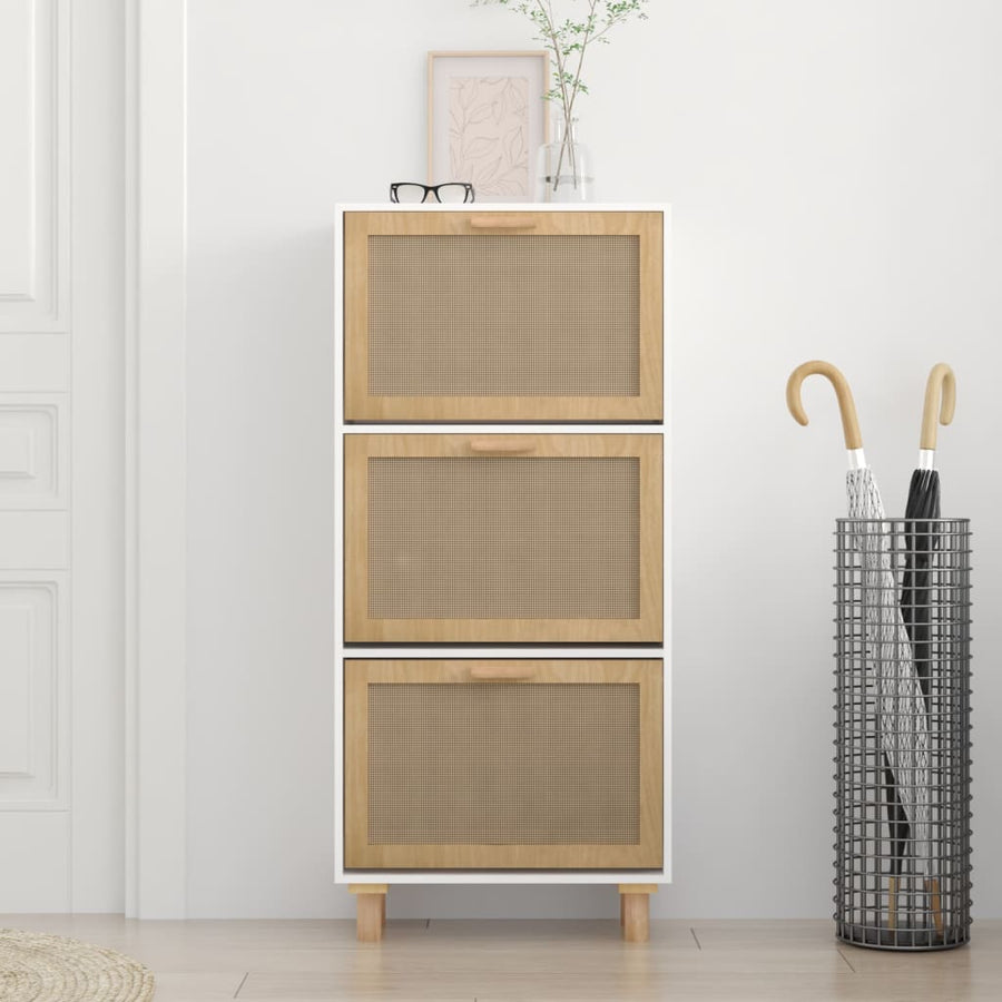 Schoenenkast 52X25X115 Cm Bewerkt Hout En Natuurlijk Rattan Wit