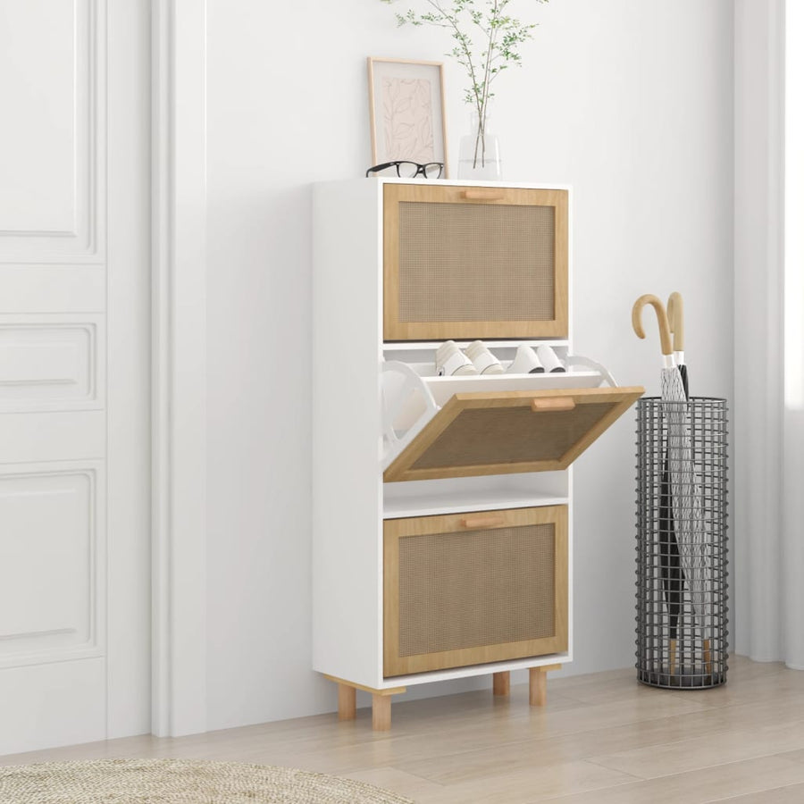 Schoenenkast 52X25X115 Cm Bewerkt Hout En Natuurlijk Rattan Wit