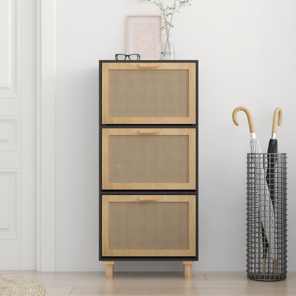 Schoenenkast 52X25X5 Cm Bewerkt Hout En Rattan Zwart